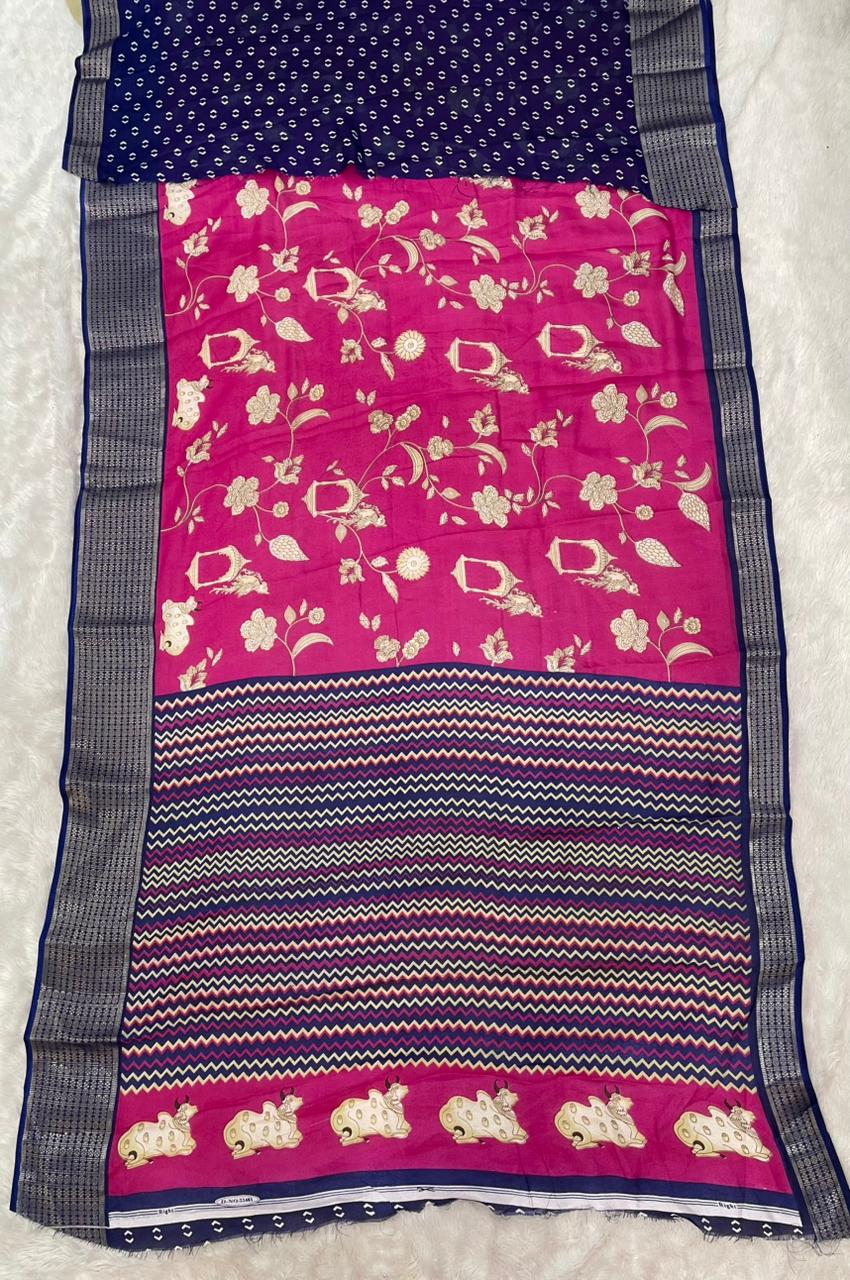 CP-7148 DOLA FABRIC SAREE WITH BEAUTIFUL COW AND FKORAL DESIGN WITH JACUARD BORDER WITH CONTRAST PALLU AND BLOUSE