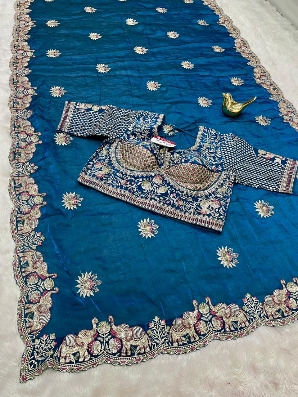 BS-DIL KA TUKDA-DARK FENDI SATIN FABRIC SAREE WITH HEAVY EMBROIDERY WORK AND THREAD WORK WITH BEAUTIFUL ELEPHANT AND FLOWER DESIGN WITHHEAVY JARKAN WORK WITH HEAVY STICHED BLOUSE AND GIRLISH MODERN LOOK SAREE