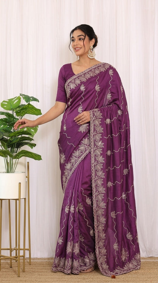 DF-MANASVI STAR GEORGETTE FABRIC SAREE WITH EMBROIDERY WORK WITH LOTUS DESIGN WITH RELINING PATTERN BODY WITH PLAIN BLOUSE