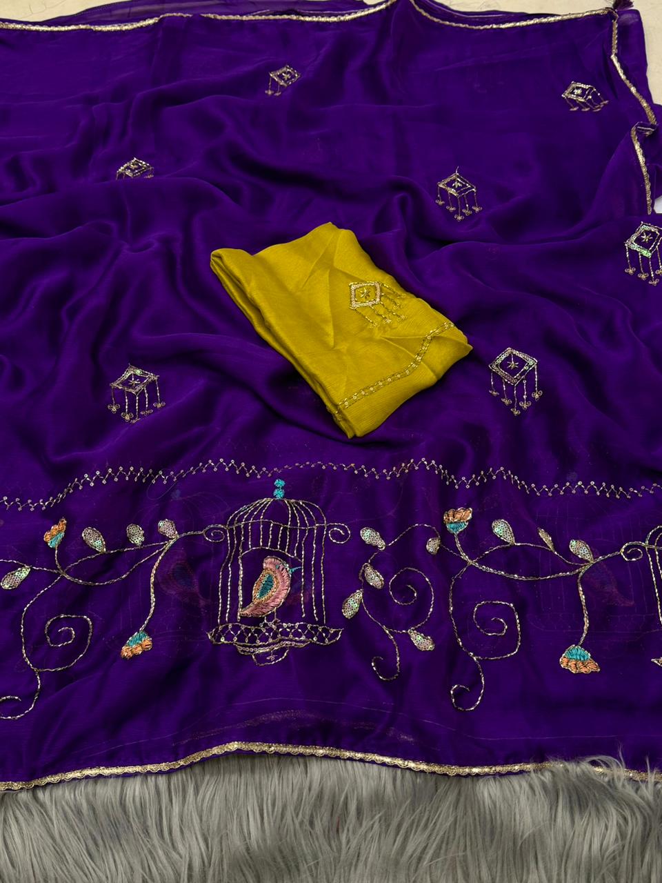NN-2163 MOSS CHIFFON FABRIC SAREE WITH BEAUTIFUL HANDWORK SAREE WITH HEAVY BORDER ON IT AND CONTRAST HANDWORK BLOUSE
