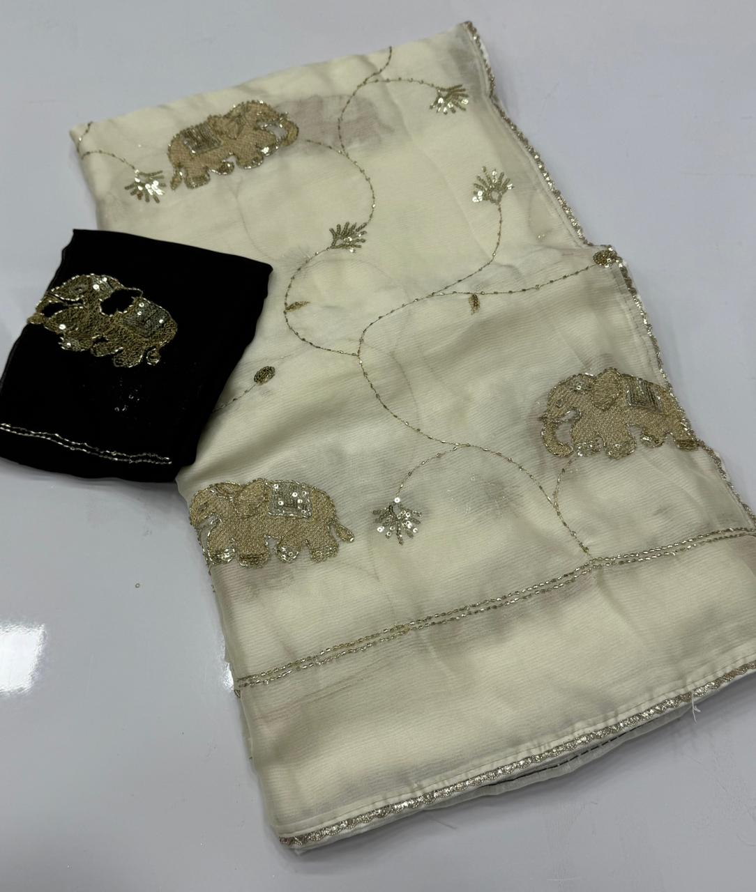NN-2161 STAR GEORGETTE FABRIC SAREE WITH HANDWORK WITH AND SEQUENCE WORK WITH CUTWORK AND BEAUTIFUL GAJRAJ DESIGN WITH CONTRAST BLOUSE