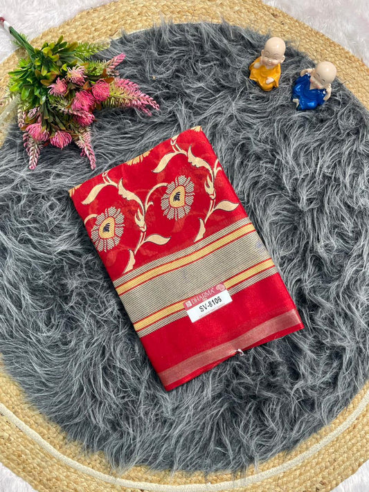 SV-8106 MAL COTTON FABRIC SAREE WITH BEAUTIFUL PALLU WITH JHAL DESIGN ON BODY WITH BLOUSE