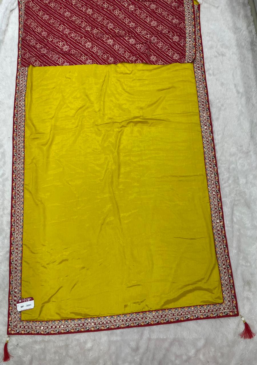 MF-3001 CHINON FABRIC SAREE WITH EMBROIDERY WORK WITH CODING WORK WITH SEQUENCE WORK WITH HEAVY BLOUSE