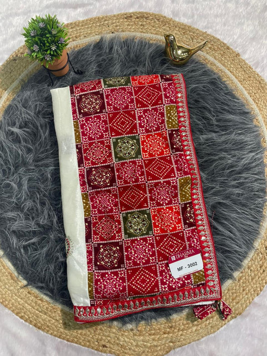 MF-3002 CHINON FABRIC SAREE WITH BEAUTIFUL BANDHANI TOUCH AND FOIL WORK WITH CODING AND SEQUENCE WORK WITH BANDHANI BLOUSE