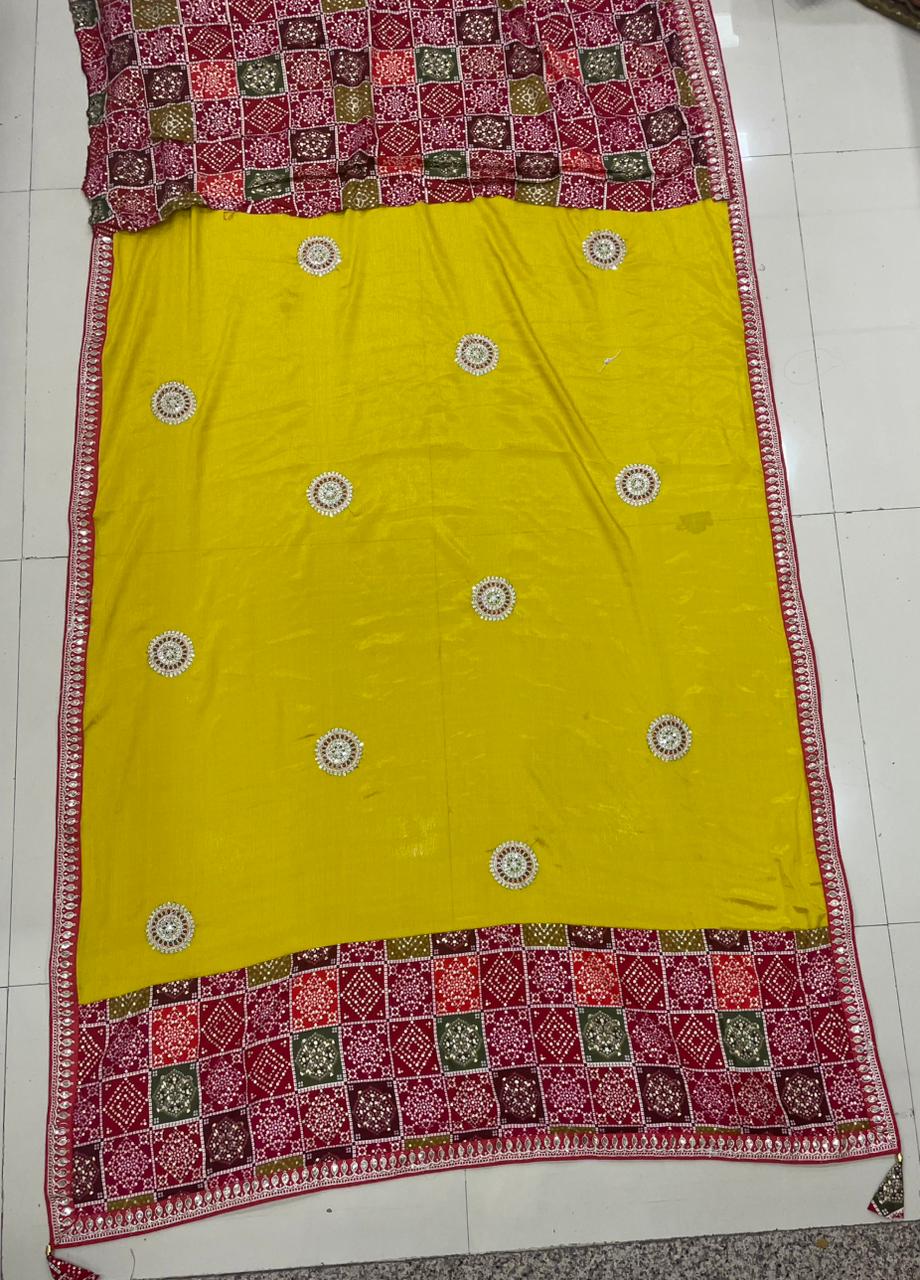 MF-3002 CHINON FABRIC SAREE WITH BEAUTIFUL BANDHANI TOUCH AND FOIL WORK WITH CODING AND SEQUENCE WORK WITH BANDHANI BLOUSE