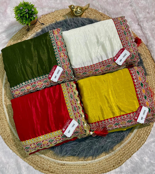 MF-3003 CHINON FABRIC SAREE WITH TRENDING SAREE AND EMBROIDERY WORK WITH THREAD AND CODING WORK WITH BANDHANI BLOUSE WITH TASSELS