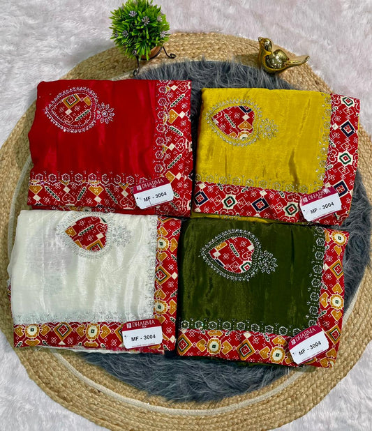 MF-3004 CHINON FABRIC SAREE WITH VIRAL SAREE WITH BANDHANI BORDER WITH JARKAN WORK WITH HANDWORK WORK WITH BUTTA WORK ON BODY WITH BANDHANI BLOUSE