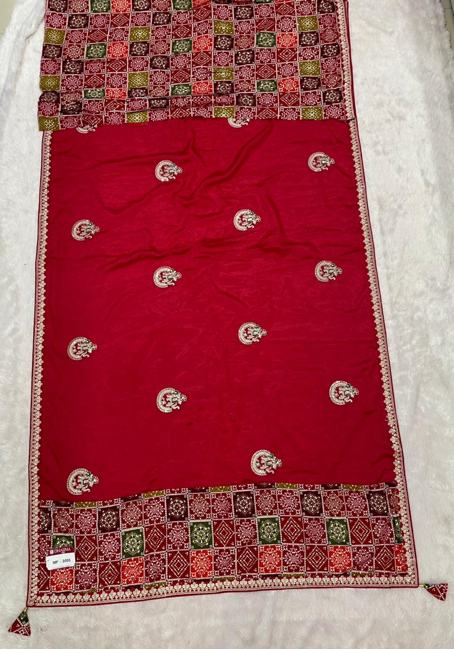 MF-3005 CHINON FABRIC SAREE WITH BEAUTIFUL BANDHANI TOUCH AND FOIL WORK WITH CODING AND GAJRAJ DESIGN BUTTA WITH BANDHANI BLOUSE WITH TASSELS