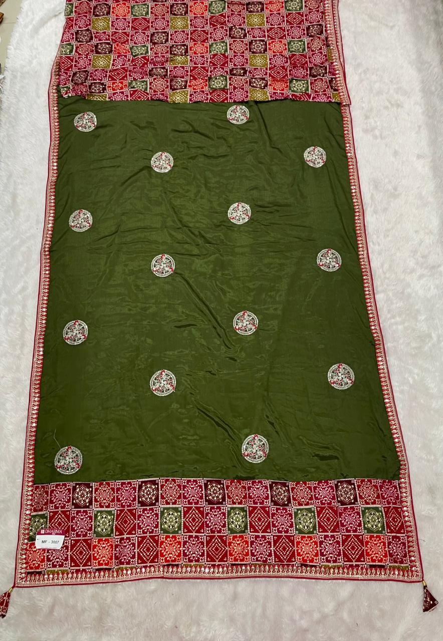 MF-3007 CHINON FABRIC SAREE WITH BEAUTIFUL BANDHANI TOUCH AND FOIL WORK WITH CODING AND SEQUENCE WORK WITH BANDHANI BLOUSE