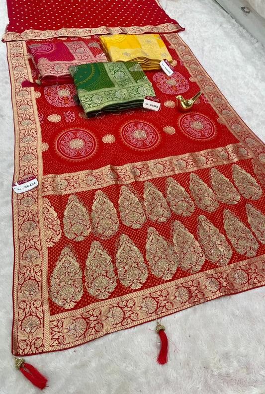 AJ-SWARA HEAVY GEORGETTE FABRIC SAREE WITH BEAUTIFUL BANDHANI DESIGN WITH HEAVY JARKAN WORK AND REAL MIRROR WORK WITH RICH PALLU DESIGN WITH BUTTI BLOUSE AND LATKAN AND PIPING