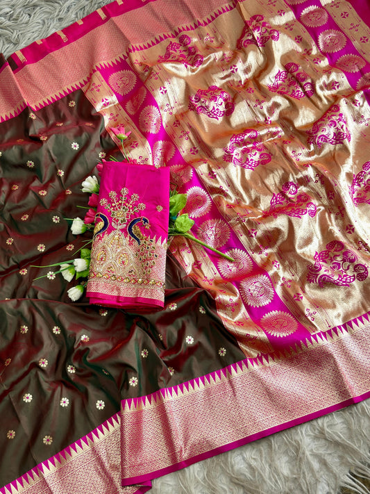 SA-7097 SOFT SILK FABRIC SAREE WITH RICH LOOK DESIGN WITH BEAUTIFUL PEACOCK DESIGN WITH GOLDEN ZARI WORK ON SAREE WITH HEAVY HANDWORK BLOUSE