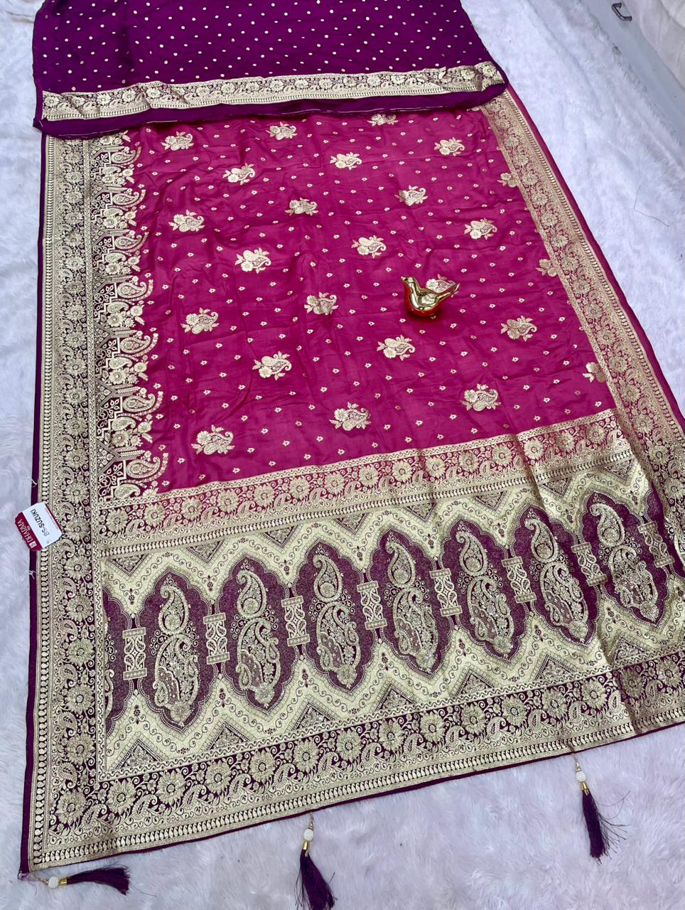 BS-SUZUKI SATIN SILK FABRIC SAREE WITH RICH PALLU DESIGN WITH JARKAN WORK WITH BEAUTIFUL PALLU ON DESIGN WITH CONTRAST BLOUSE