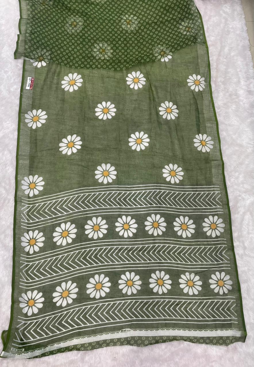 CP-7150 LINEN COTTON FABRIC SAREE WITH BEAUTIFUL PALLU WITH FLOWER DESIGN WITH BLOUSE