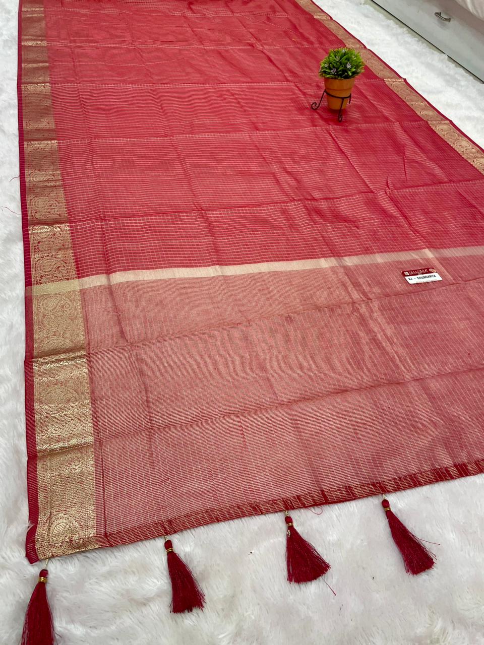 AJ-SOUNDARYA SILK FABRIC SAREE WITH BEAUTIFUL DESIGN WITH CHECKS DESIGN ALL OVER ON SREE WITH TASSELS