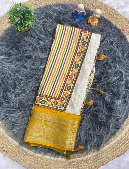 PRINT-3257 DOLA JACUARD FABRIC SAREE WITH WHITE COMMON AND RICH PALLU DESIGN WITH BEAUTIFUL KASHMIRI PATTERN DESIGN WITH 6.30 MTR CUT WITH BUTTI BLOUSE AND TASSELS