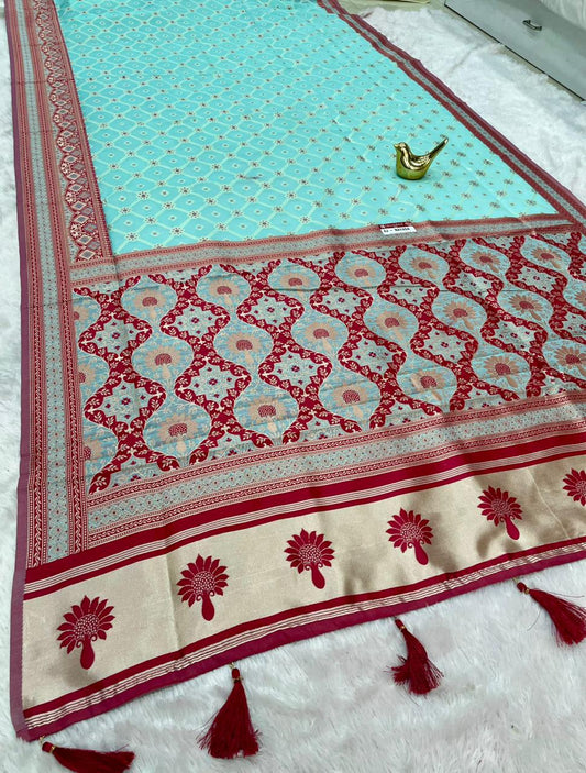 AJ-NAYASA COTTON FABRIC SAREE WITH RICH PALLU DESIGN WITH BEAUTIFUL DAMAN PATTA WITH BOX DESIGN WITH BUTTI BLOUSE WITH TASSELS