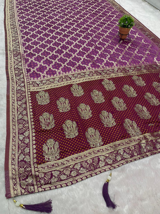AJ-PARI SATIN SILK FABRIC SAREE WITH BEAUTIFUL GHATCHOLA DESIGN WITH CHAP DYING WORK WITH HEAVY JARKAN WORK WITH RICH PALLU DESIGN WITH LATKAN WITH CONTRAST BLOUSE
