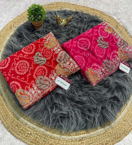 BS-MOZ BAHAR BANDHANI FABRIC SAREE WITH BEAUTIFUL BANDHANI DESIGN WITH SIROSKI WORK ON SAREE WITH CONTRAST BLOUSE
