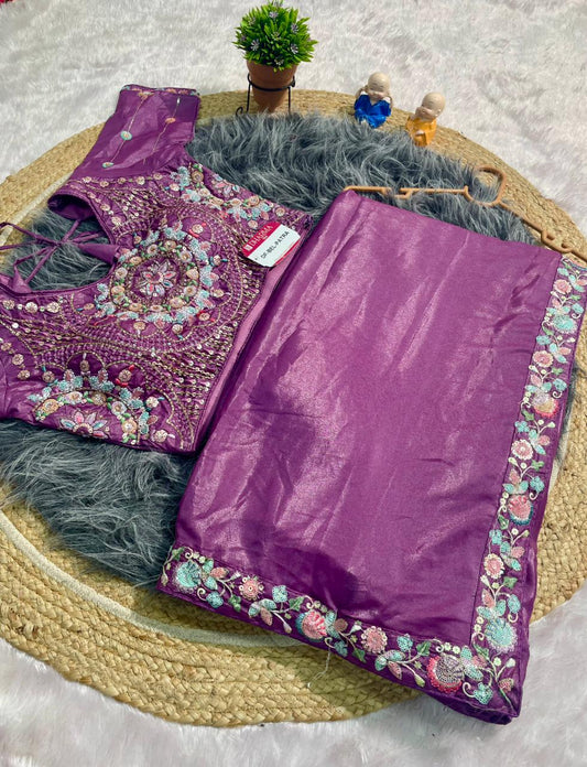 DF-BEL PATRA ORIGINAL CHOCLATE FABRIC SAREE WITH EMBROIDERY WORK AND SEQUENCE WORK WITH CODING WORK AND HEAVY EMBROIDERY STICHED BLOUSE WITH HANDWORK AND SEQUENCE WORK WITH TRENDING SAREE