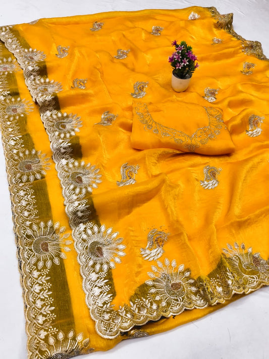 DF-AMOHA FENDI CHIFFON FABRIC SAREE WITH HEAVY EMBROIDERY WORK WITH SIROSKI WORK ALLOVER SAREE WITH BEAUTIFUL PEACOCK DESIGN WITH HEAVY WORK BLOUSE