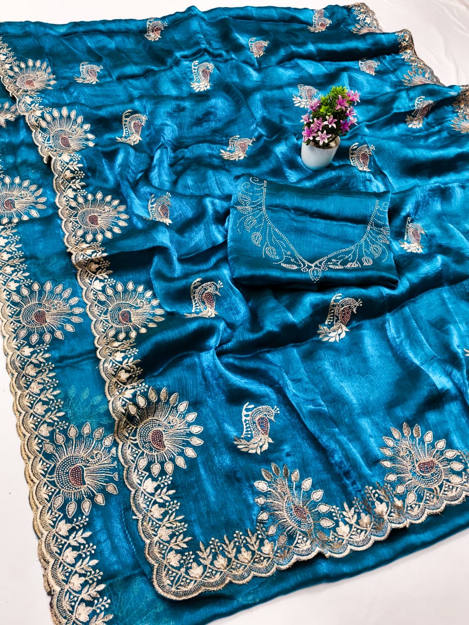 DF-AMOHA FENDI CHIFFON FABRIC SAREE WITH HEAVY EMBROIDERY WORK WITH SIROSKI WORK ALLOVER SAREE WITH BEAUTIFUL PEACOCK DESIGN WITH HEAVY WORK BLOUSE