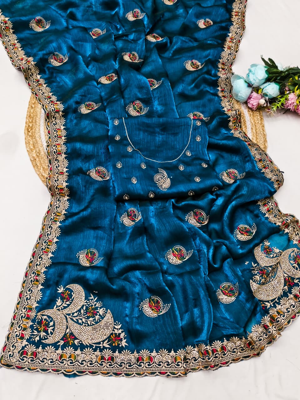 DF-JAYSHREE FENDI SATIN FABRIC SAREE WITH BEAUTIFUL DESIGN WITH EMBROIDERY WORK WITH HEAVY JARKAN WORK WITH HEAVY WORK BLOUSE