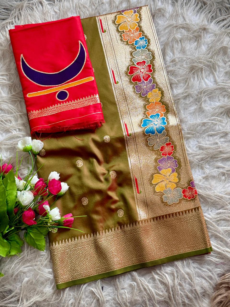 SA-7035-B SOFT SILK SAREE WITH STUNNING RAJMATA PAITHANI FEATURES AN ELEGANT KALANJALI BORDER WITH A MAJESTIC RAJMATA PAITHANI PALLU AND GRACEFUL KOHIRI BUTTI WOVEN ALL OVER THE BODY WITH FINISHED WITH PAITHANI BLOUSE