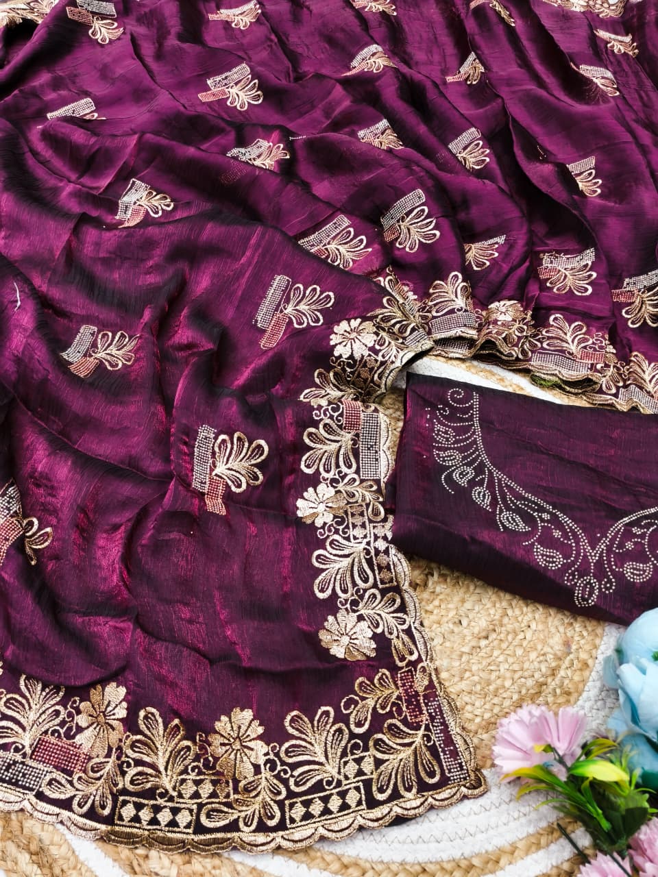 DF-SHUBH SATIN SILK FABRIC SAREE WITH EMBROIDERY WORK WITH SIROSKI WORK ALLOVER SAREE AND BUTTA WITH HEAVY BLOUSE