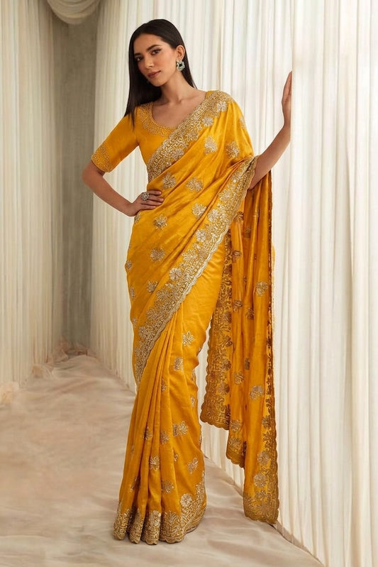DF-SHUBH SATIN SILK FABRIC SAREE WITH EMBROIDERY WORK WITH SIROSKI WORK ALLOVER SAREE AND BUTTA WITH HEAVY BLOUSE