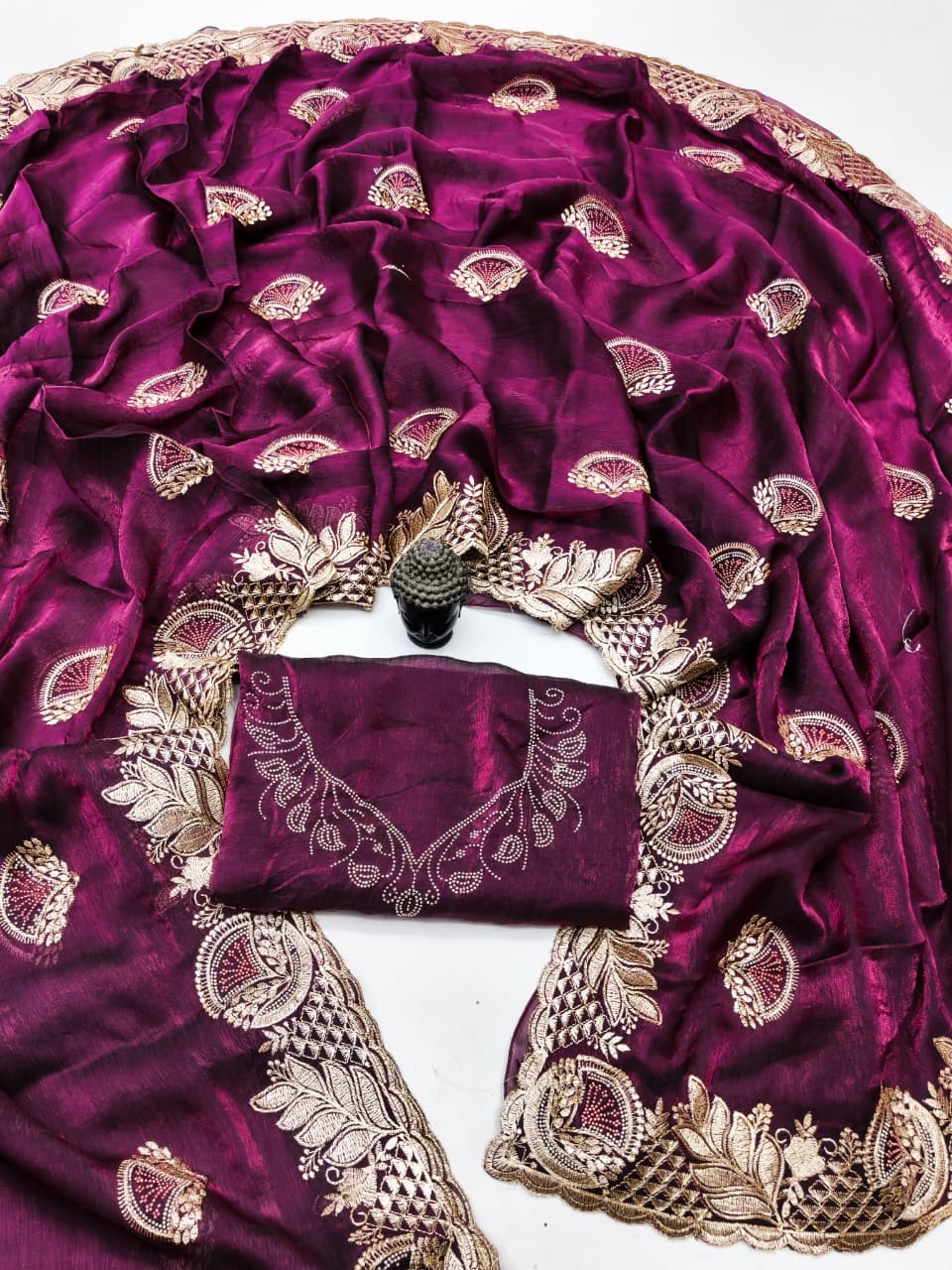 DF-SETU FENDI CHIFFON FABRIC SAREE WITH HEAVY EMBROIDERY WORK WITH SIROSKI WORK ALLOVER SAREE WITH BEAUTIFUL DESIGN WITH HEAVY WORK BLOUSE