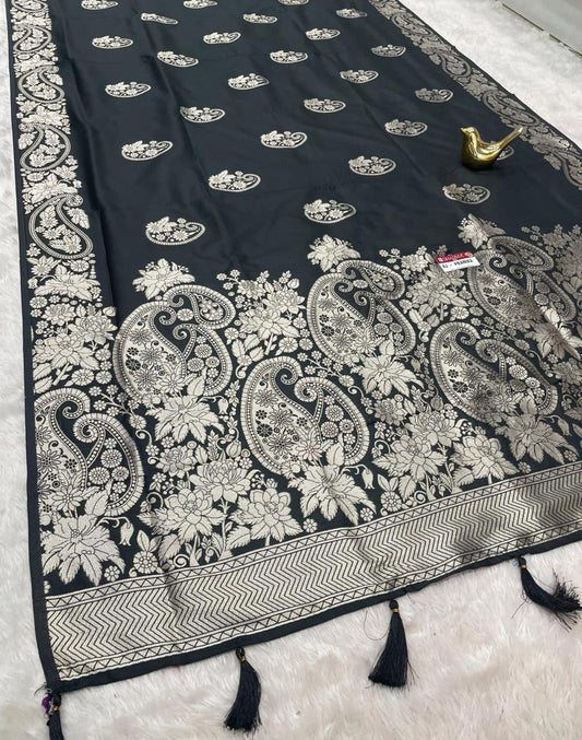 AJ-PRANIKA SOFT SILK FABRIC SAREE WITH HEAVY ZARI WORK WITH OPEN PALLU DESIGN WITH CARRY DESIGN ON ALL OVER ON SAREE WITH HEAVY BROCADE BLOUSE WITH TASSELS