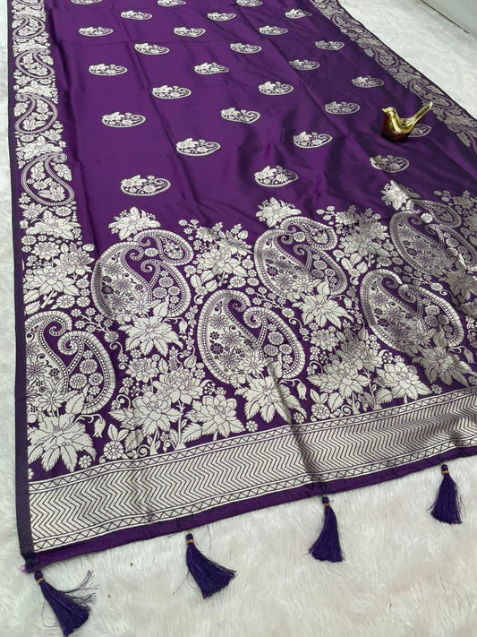 AJ-PRANIKA-2 SOFT SILK FABRIC SAREE WITH HEAVY ZARI WORK WITH OPEN PALLU DESIGN WITH CARRY DESIGN ON ALL OVER ON SAREE WITH HEAVY BROCADE BLOUSE WITH TASSELS