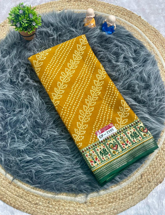 CP-7155 MAL COTTON FABRIC SAREE WITH BEAUTIFUL RICH PALLU DESIGN WITH BANDHNI PRINT IN ALL OVER SAREE WITH BEAUTIFUL GAJRAJ AND PEACOCK DESIGN WITH BLOUSE