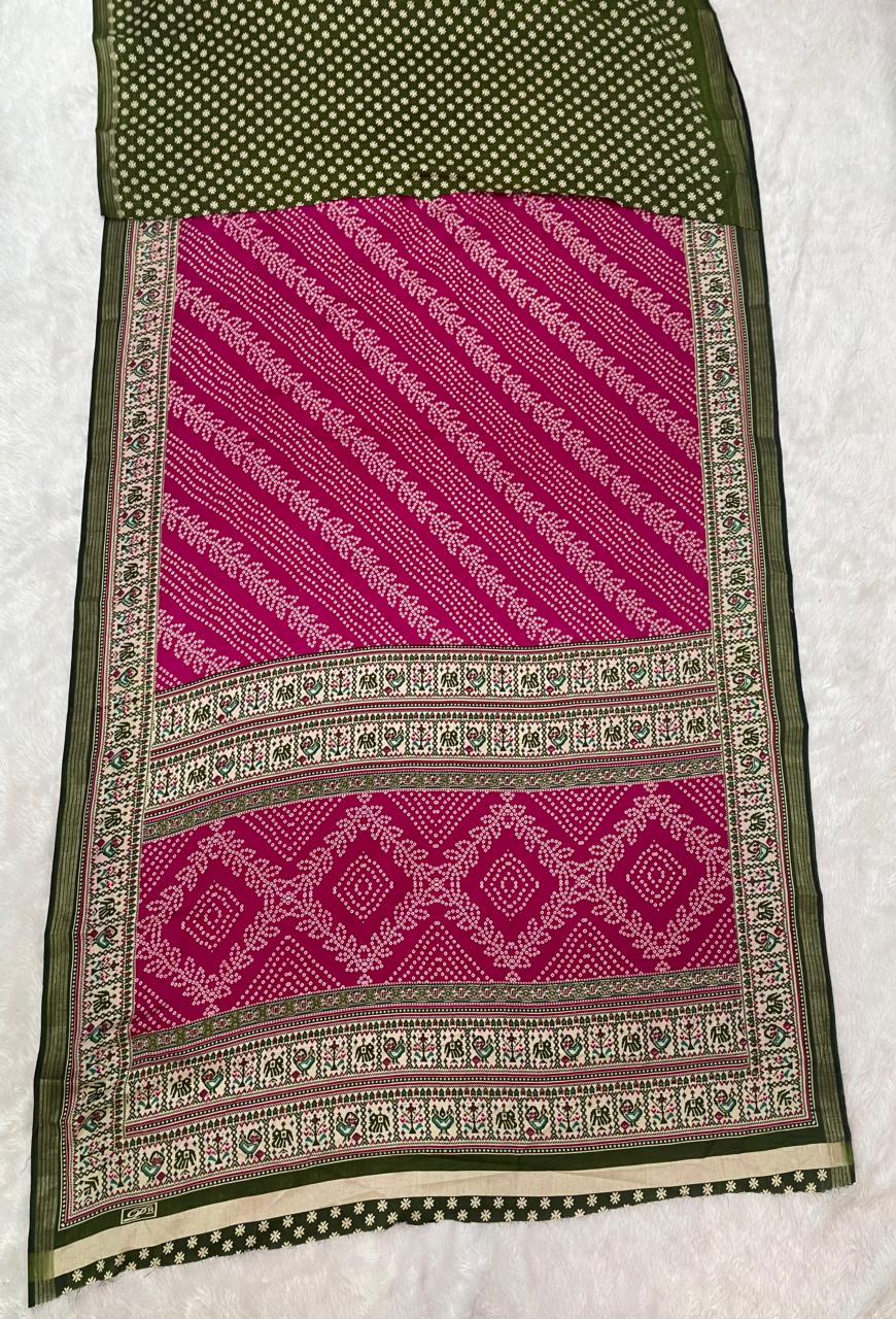 CP-7155 MAL COTTON FABRIC SAREE WITH BEAUTIFUL RICH PALLU DESIGN WITH BANDHNI PRINT IN ALL OVER SAREE WITH BEAUTIFUL GAJRAJ AND PEACOCK DESIGN WITH BLOUSE