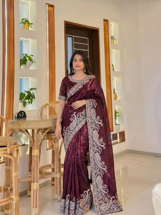 DF-SARGAM FENDI SATIN FABRIC SAREE WITH EMBROIDERY WORK WITH JARKAN WORK WITH BEAUTIFUL DESIGN AND HEAVY WORK BLOUSE