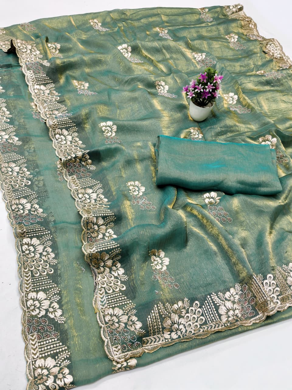 DF-MIRAJ-2 FENDI FABRIC SAREE WITH EMBROIDERY WORK WITH MULTI SIROSKI WORK WITH BEAUTIFUL WITH HEAVY WORK BLOUSE