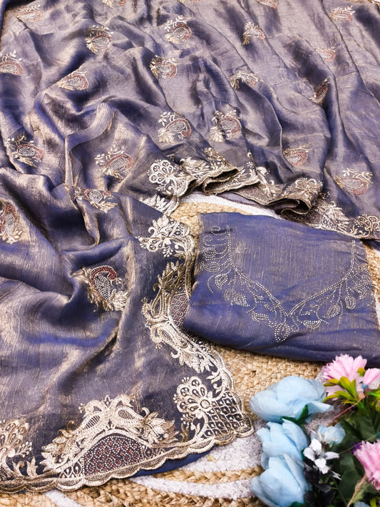 DF-YATRA-2 FENDI FABRIC SAREE WITH EMBROIDERY WORK WITH MULTI SIROSKI WORK WITH BEAUTIFUL PEACOCK DESIGN WITH HEAVY WORK BLOUSE