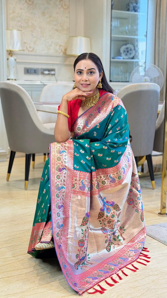 SA-7051 SOFT SILK FABRIC SAREE WITH RICH PALLU DESIGN WITH BEAUTIFUL PEACOK DESIGN ON PALLU WITH PAITHANI BORDER WITH CARRY DESIGN ALLOVER ON BODY WITH TASSELS AND BLOUSE