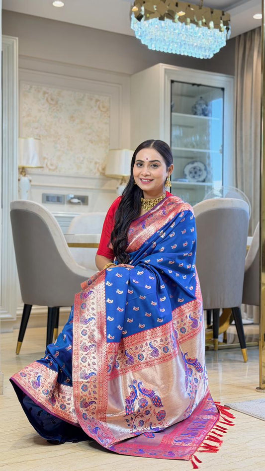 SA-7051 SOFT SILK FABRIC SAREE WITH RICH PALLU DESIGN WITH BEAUTIFUL PEACOK DESIGN ON PALLU WITH PAITHANI BORDER WITH CARRY DESIGN ALLOVER ON BODY WITH TASSELS AND BLOUSE