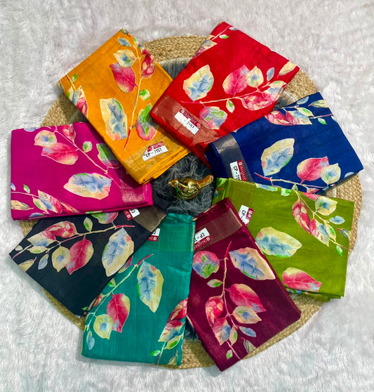 CP-7157 MAL COTTON FABRIC SAREE WITH BEAUTIFUL PALLU DESIGN WITH FLOWER PRINT WITH BLOUSE