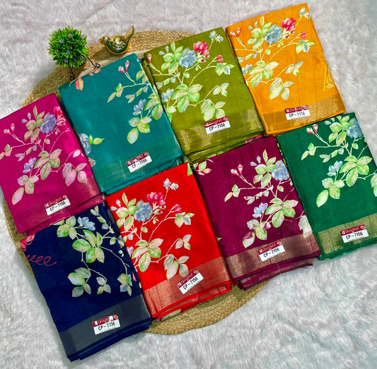 CP-7156 MAL COTTON FABRIC SAREE WITHBEAUTIFUL FLORAL PRINT WITH BLOUSE