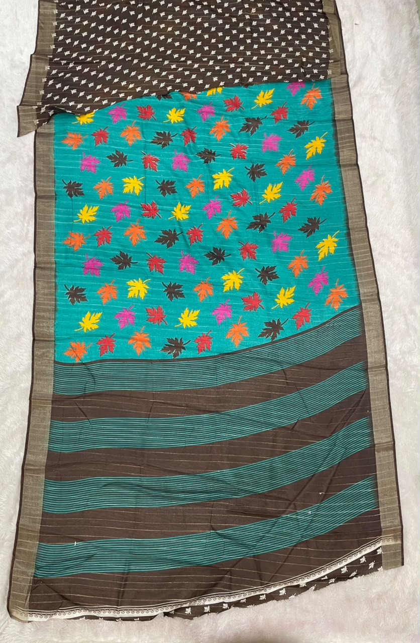 CP-7158 DOLA RIKO FABRIC SAREE WITH RICH PALLU WITH FLOWER PRINT WITH JACAURD BORDER WITH BLOUSE