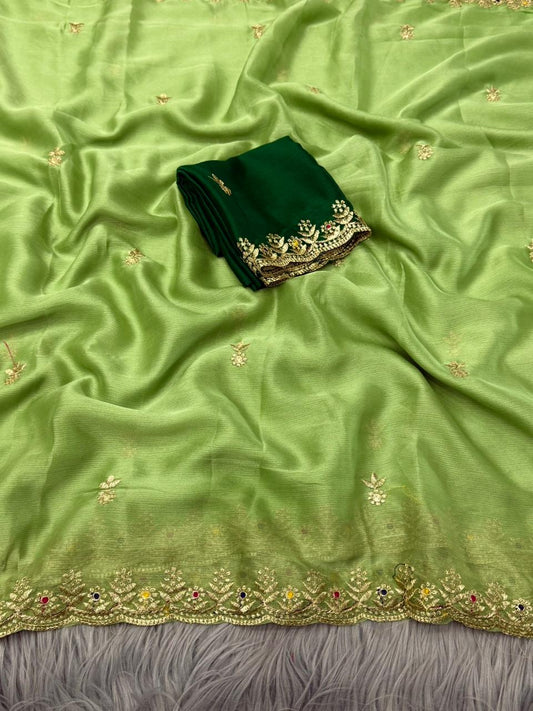 NN-2173 MOSS CHIFFON FABRIC SAREE WITH EMBROIDERY ON BORDER AND BUTTI ALL OVER THE SAREE WITH CONTRAST EMBROIDERY BLOUSE