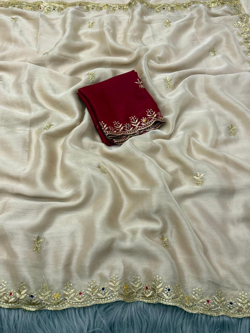 NN-2173 MOSS CHIFFON FABRIC SAREE WITH EMBROIDERY ON BORDER AND BUTTI ALL OVER THE SAREE WITH CONTRAST EMBROIDERY BLOUSE