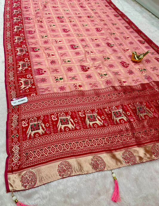 AJ-KOMAL COTTON FABRIC SAREE WITH BEAUTIFUL RICH PALLU DESIGN WITH BEAUTIFUL PATOLA DESIGN WITH LAGNI PATTA WITH TASSELS AND BLOUSE