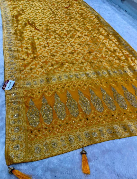 AJ-LILA GEORGETTE FABRIC SAREE WITH RICH PALLU DESIGN WITH EMBROIDERY WORK WITH BEAUTIFUL BANDHANI DESIGN ALL OVER ON SAREE WITH HEAVY SIROSKI WORK ON SAREE WITH TASSELS