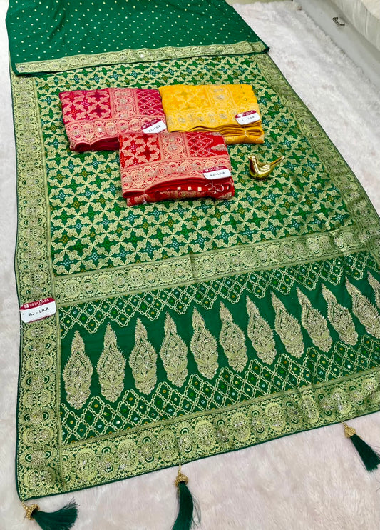 AJ-LILA GEORGETTE FABRIC SAREE WITH RICH PALLU DESIGN WITH EMBROIDERY WORK WITH BEAUTIFUL BANDHANI DESIGN ALL OVER ON SAREE WITH HEAVY SIROSKI WORK ON SAREE WITH TASSELS