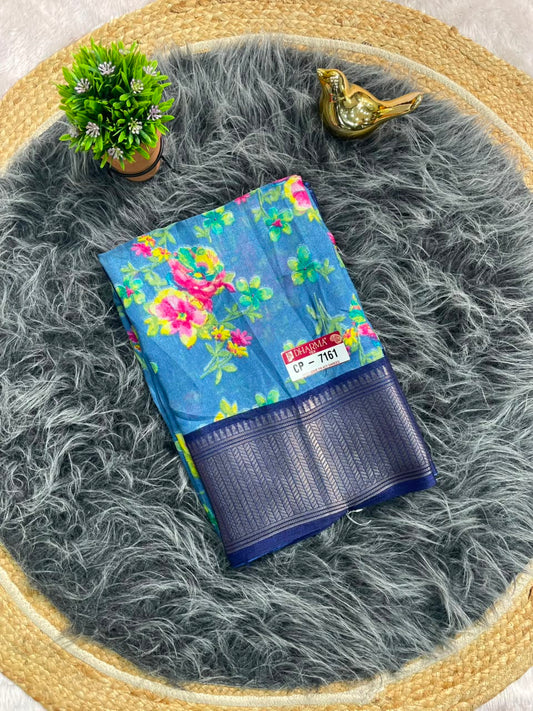 CP-7161 DOLA FABRIC SAREE BEAUTIFUL FLORAL PRINT WITH JACUARD BORDER WITH BLOUSE