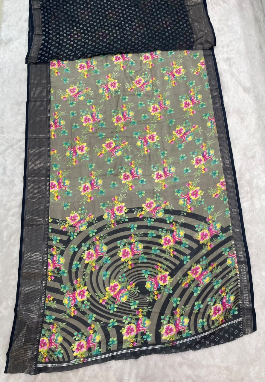 CP-7161 DOLA FABRIC SAREE BEAUTIFUL FLORAL PRINT WITH JACUARD BORDER WITH BLOUSE