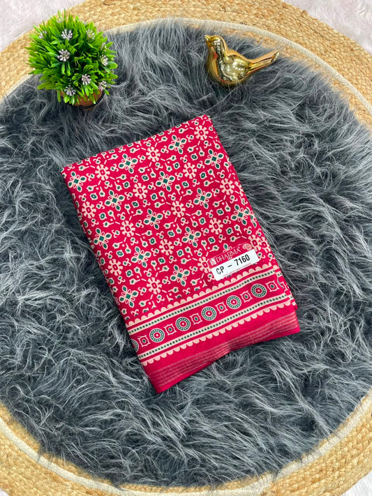 CP-7160 MAL COTTON FABRIC SAREE WITH BEAUTIFUL AJRAKH PRINT WITH BEAUTIFUL RICH PALLU DESIGN WITH BLOUSE
